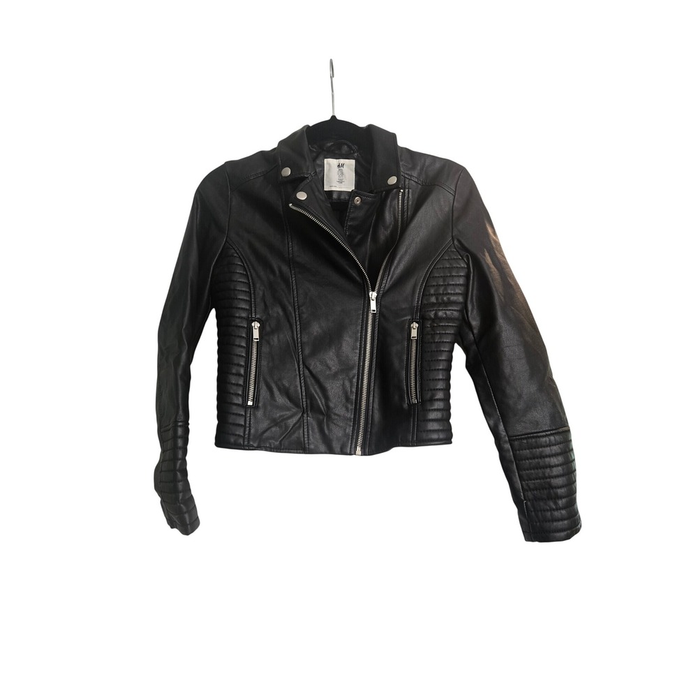 HM Kids Black Faux Leather Biker Moto Jacket Ribbed Quilted Details Size 11-12